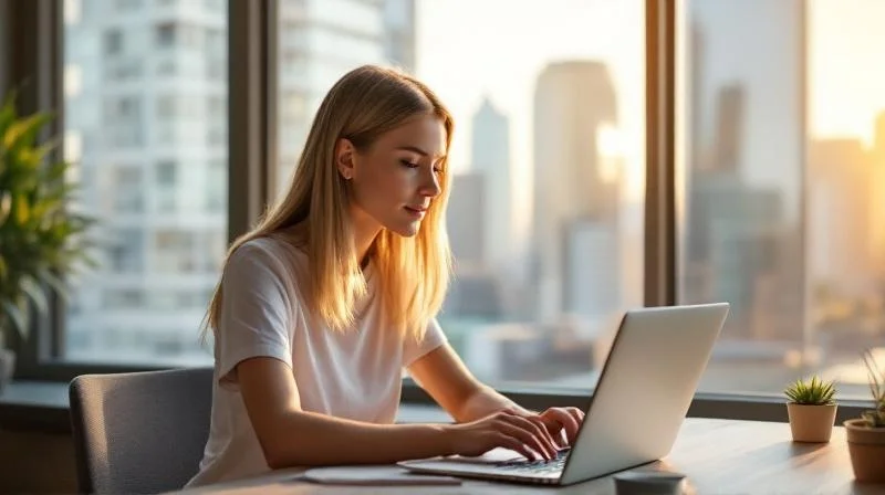 Frau arbeitet am Laptop in einer modernen Frankfurter Wohnung mit Blick auf die Skyline
