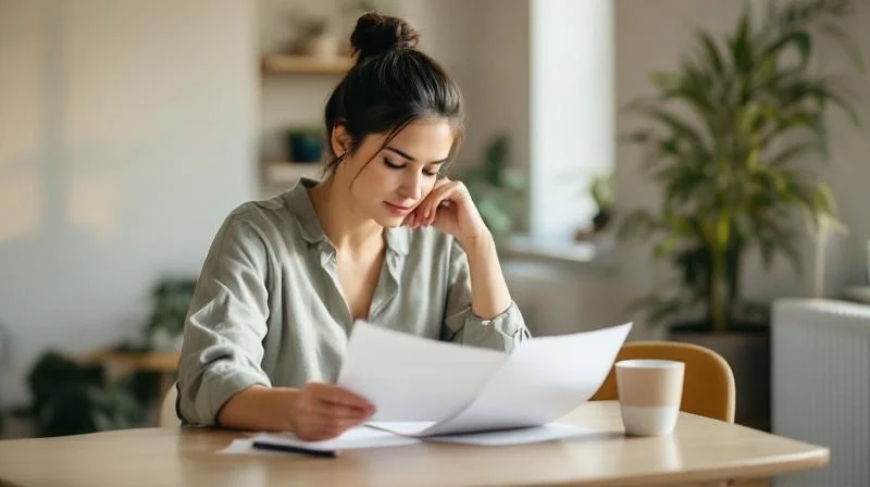 Frau sitzt in einem hellen Raum in Frankfurt und liest Unterlagen zu ihrer Weiterbildung