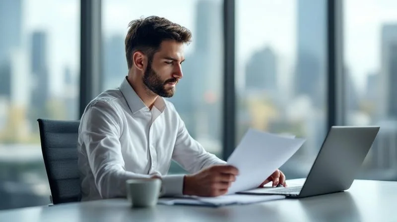 Mann studiert Unterlagen an einem modernen Schreibtisch mit Blick auf die Frankfurter Skyline
