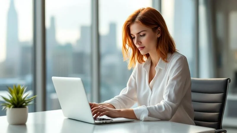 Frau arbeitet an einem Laptop in einem modernen Büro in Frankfurt am Main