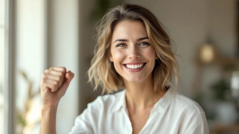 Frau mit IHK-Zeugnis laechelt in einer hellen Frankfurter Wohnung