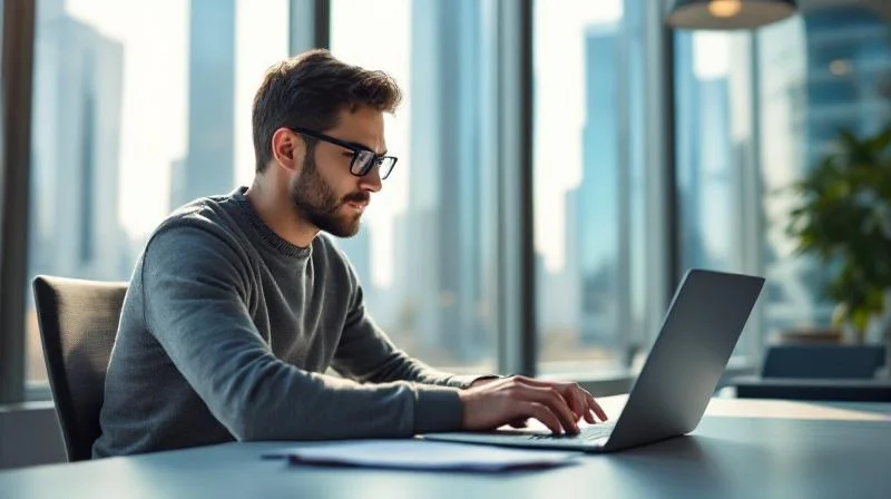 Mann lernt am Laptop in einem hellen Büro mit Blick auf Frankfurter Hochhaeuser