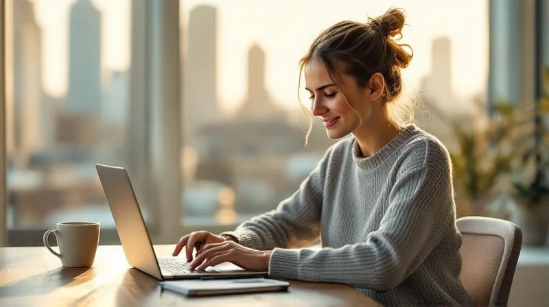 Frau lernt am Laptop in einer Wohnung mit Blick auf die Frankfurter Skyline