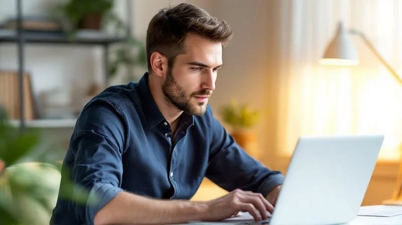 Mann arbeitet konzentriert am Laptop in einem Büro nahe der Frankfurter Innenstadt